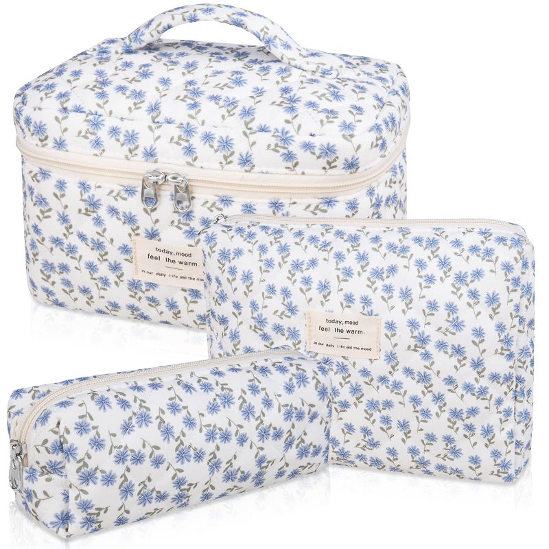Gosect Makeup Bag Set  Quilted Makeup Bag  Large Floral Cosmetic Bag for Women  Cute Cotton Makeup Bags  Flower Travel Toiletry Organizer Bag (Blue Peacock Flower) - Image 1